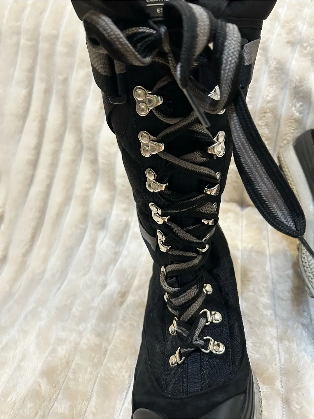 Coach Black Quilted Lace-Up Winter Rain Boots with Gray Trim EUC